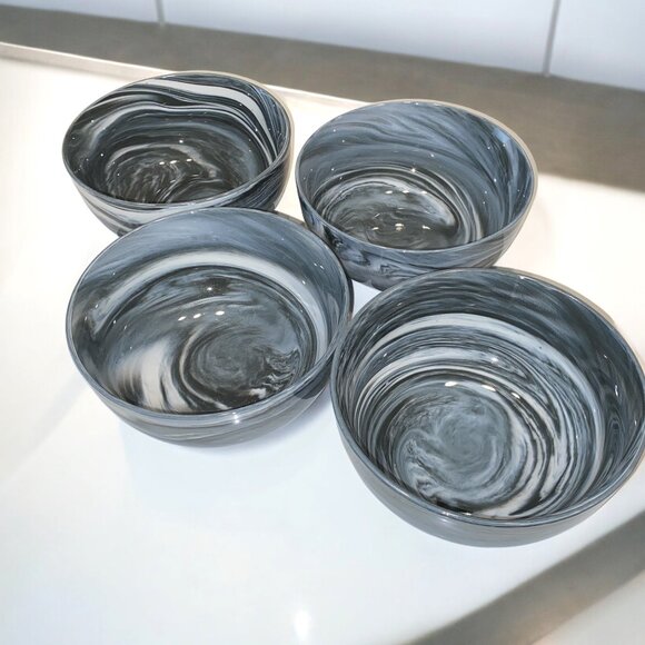 Set of 4 Gray and White Marbleized Ceramic Bowls Gelato Black from Stokes - Picture 1 of 4